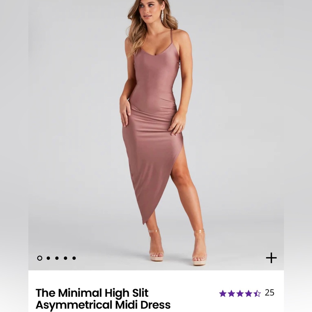 Windsor Minimal High Slit Asymmetrical Midi Dress, Rose Gold